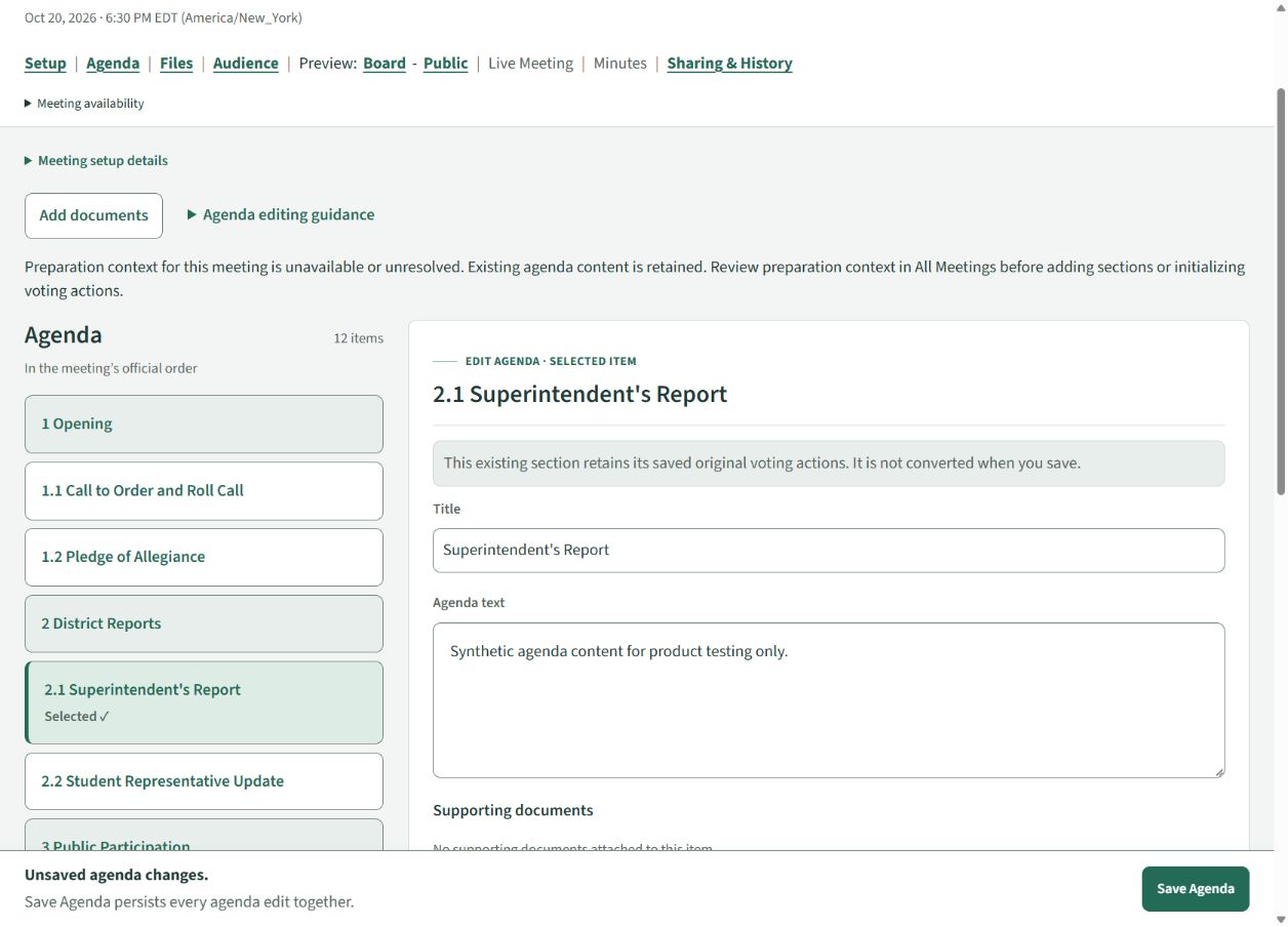 AboveBoard agenda editor with the Superintendent's Report selected beside the meeting outline.