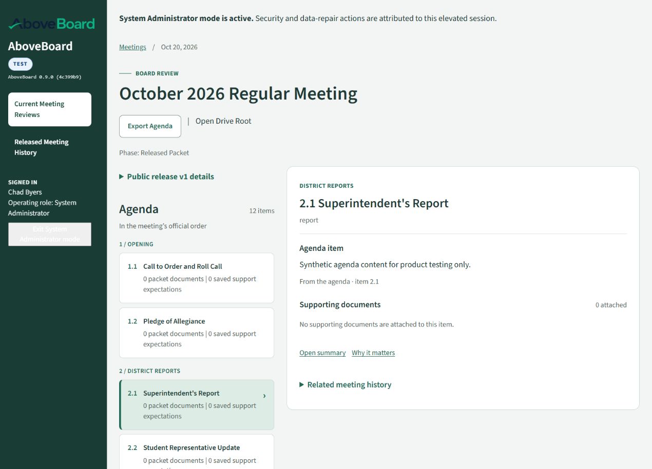 Released meeting review showing the Superintendent's Report alongside the agenda and related meeting history.